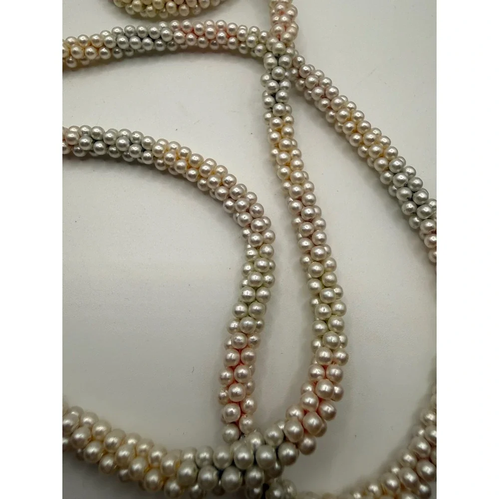 Multi Strand Pearl Bead Rope‎ Necklace Long Tassel Ends White Peach Grey 56 Inch